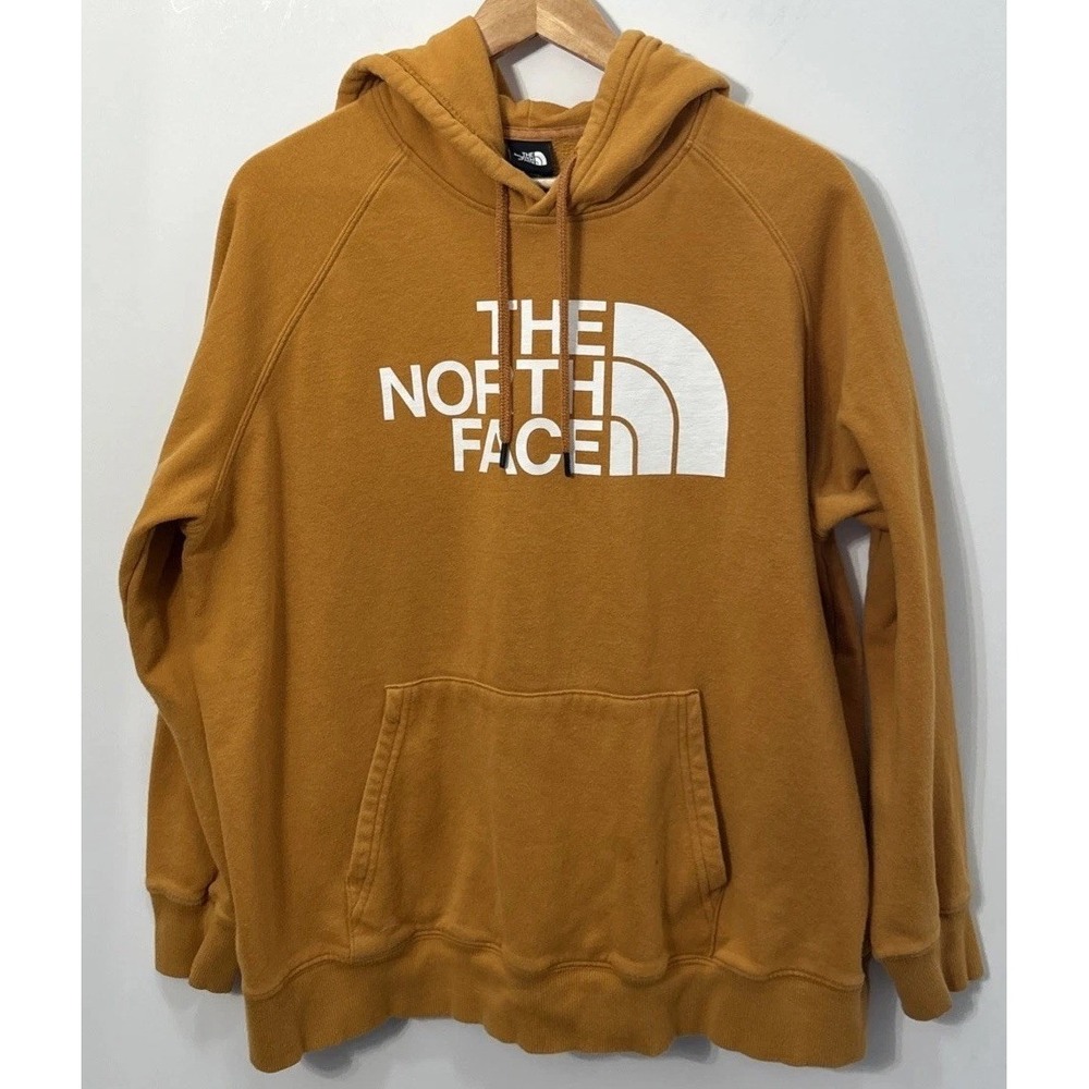 Women's The North Face Hoodie Spicy Mustard Yellow Big Logo Pullover‎ Sz XL